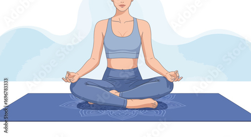 Meditating Woman in Lotus Position on Yoga Mat Demonstrating Mindfulness And Wellness