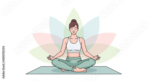 Meditating Woman In Lotus Position With Colorful Lotus Flower In The Background