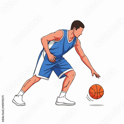 Vector Illustration of Basketball Player in Dynamic Pose in Modern Style with Bright Orange and Blue Colors
