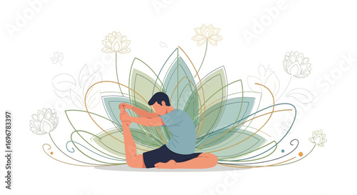 Meditative Figure Performing Yoga Pose with Lotus Backdrop for Tranquility and Mindfulness