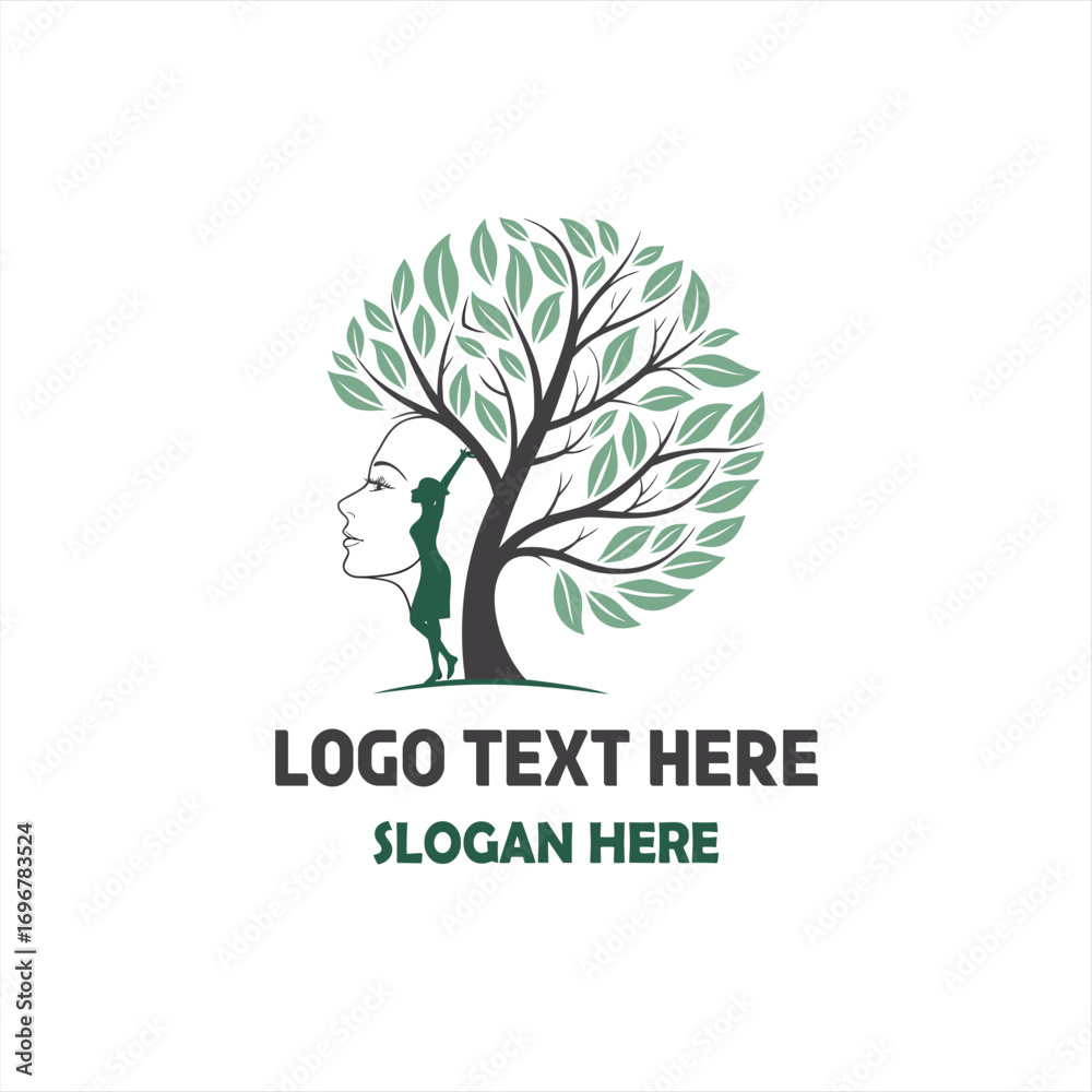 Obraz premium Nature Wellness Logo – Woman with Tree of Life and Leaves Illustration