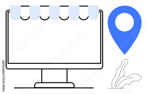 Computer monitor with a storefront awning, blue location pin, and minimal plant detail. Ideal for e-commerce, online shop, location services, navigation, branding, marketing and web presence