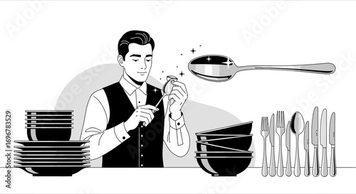 Meticulous Server Inspecting Cutlery With Dining Setting Arrangements In Preparation