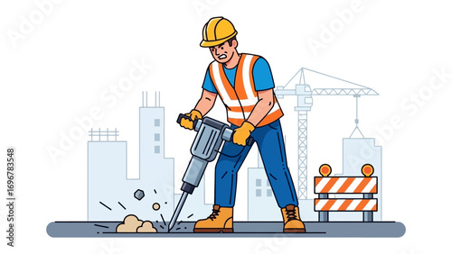 Construction Worker at Work: A construction worker, fully geared in a safety vest and helmet, powerfully operates a jackhammer amidst an urban cityscape. Representing labor and construction.