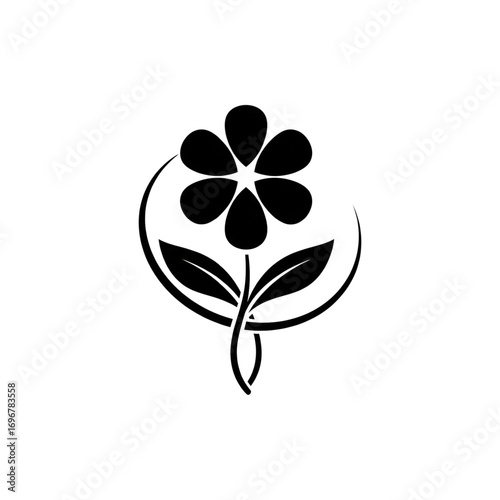 Elegant black silhouette flower logo with five petals, two leaves, and a curved stem within a partial circle, minimalist graphic icon