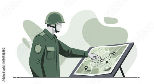 Military Officer Planning Strategy, Displaying Map With Tactical Navigation Details