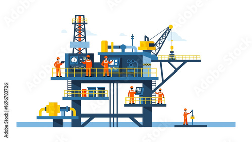 Offshore Oil Rig: A detailed, colorful illustration of an offshore oil rig, bustling with the activity of its operational team members, set against a bright environment 