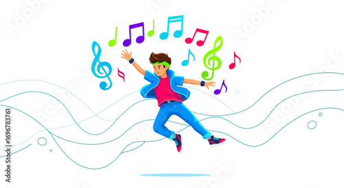 Joyful Young Person Dancing with Musical Notes in Energetic Artistic Illustration