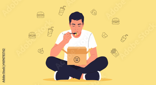 Minimalist Illustration Of A Person Enjoying Takeout Food In A Meditative Posture