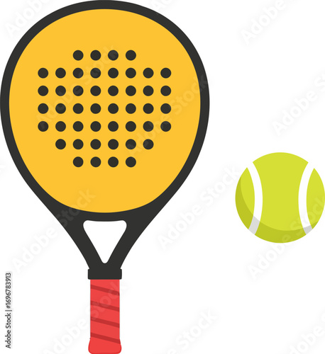 A yellow padel racket with a red grip and a green tennis ball on a white background.