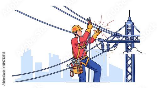 Precision Power: A skilled lineworker, secured by a safety harness, meticulously works atop an electricity pylon amidst a cityscape, ensuring the safe and reliable distribution of power.