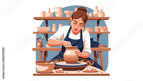Artisan's Craft in Pottery Studio: An artisan meticulously shapes a clay pot on a potter's wheel in a studio, reflecting the grace of pottery.