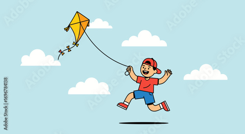 Joyful Youngster Playing With a Vibrant Kite, Embracing the Outdoors Amidst Fluffy Clouds