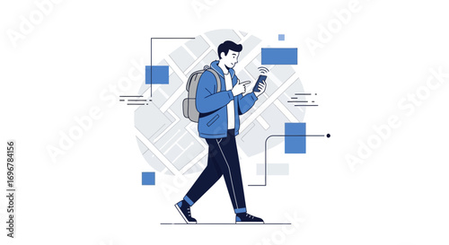 Modern Illustration Featuring A Person Using Navigation App While Traveling Anywhere