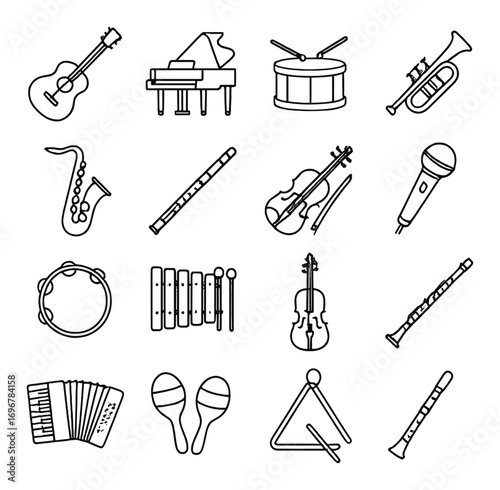 Musical instruments icons: piano, drum, guitar, saxophone, violin ensemble