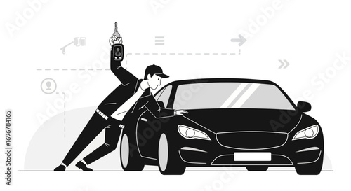 Modern Illustration of Man Unlocking Car Door With Key Fob Remote Control