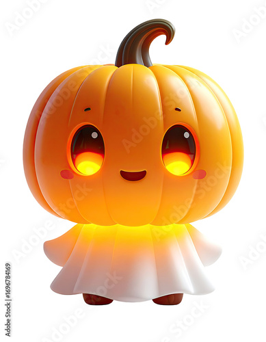 Adorable 3D Pumpkin Ghost Character with Glowing Face and Round Head