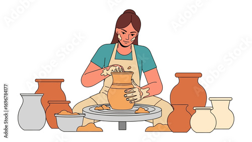 Pottery Artist at Work: A focused artisan molds clay into a unique vase at a pottery wheel in a visually appealing flat design, reflecting the craft and art of pottery