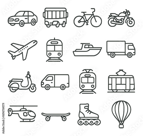 Outline icons of various transportation modes including car, bus, bicycle, and motorcycle