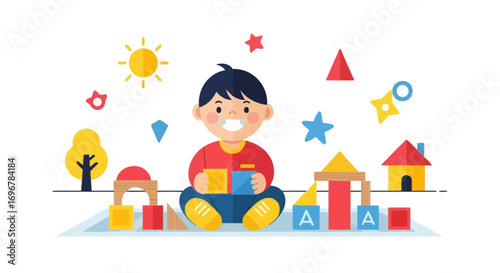 Joyful Youngster Playing With Colorful Building Blocks and Decorative Elements
