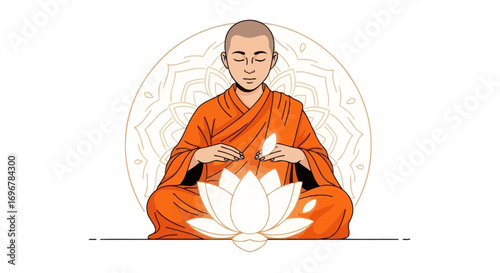 Monk Meditating With Lotus Flower Depicting Enlightenment And Inner Peace Visualization