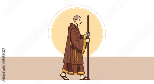 Monk Walking With Staff Towards The Sun, Abstract Spiritual Illustration, Vector Art