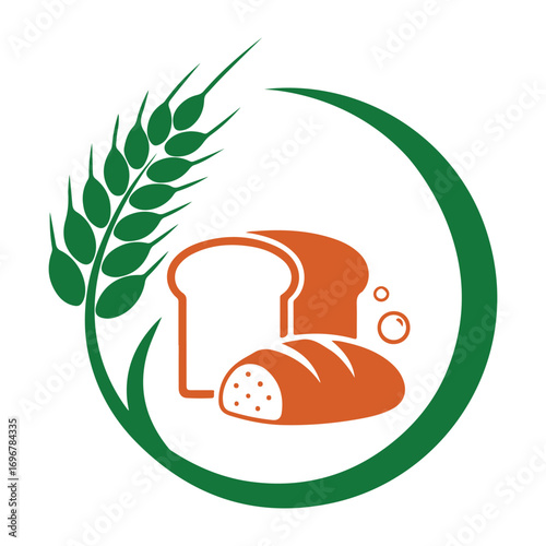 Green wheat stalk and orange bread loaves inside a green circle grain food