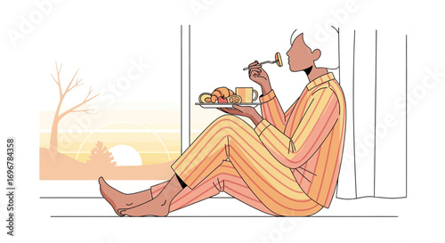 Morning Ritual: Enjoying Breakfast In Tranquility With A Peaceful Sunrise View