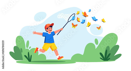 Joyous Pursuit: A Young Explorer Chasing Butterflies Amongst Verdant Flora
