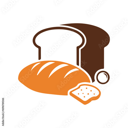 Orange and brown stylized bread loaf slices and round bun icon baked