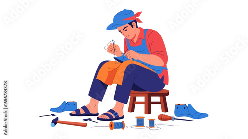Shoemaker at Work: A skilled craftsman meticulously works on crafting footwear, demonstrating expertise.