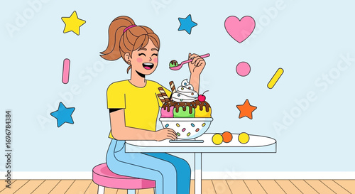Joyous Woman Enjoying An Elaborate Sundae Dessert At A Cafe, Delightful Moment