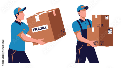 Delivering with Care: Two delivery personnel confidently carry packages, embodying the efficiency and care inherent in a professional delivery service.