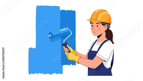 Painter at work: A skilled professional painter meticulously applies vibrant blue paint to a pristine surface, showcasing precision and dedication in the process. 