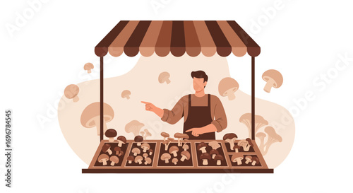 Mushroom Vendor Showcasing Culinary Delights At The Local Farmers Market For Customers