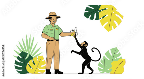 Kind Park Ranger Feeding Monkey a Banana in a Tropical Jungle Scene Depicting Wildlife