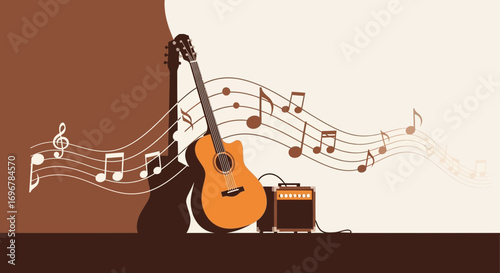 Musical Instrument Display With Guitar, Amplifier, And Note Symbols In Beautiful Theme