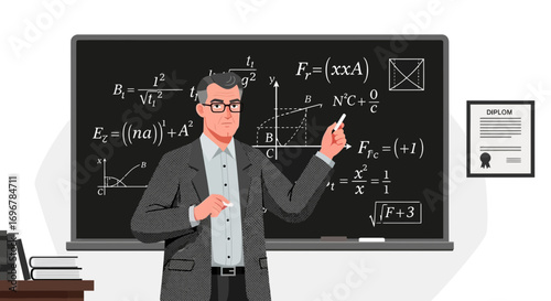 Knowledgeable Educator Explaining Complex Equations on a Blackboard in a Classroom Setting
