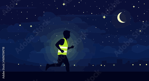 Night Runner With Reflective Safety Vest During Sunset, Exercising Outdoors, Stars and Moon