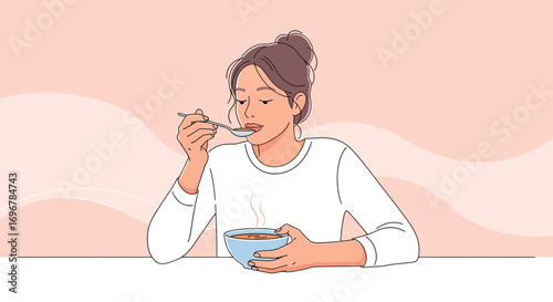 Lady Consuming Hot Soup In A Peaceful Moment, Illustrative Vector Artwork Design