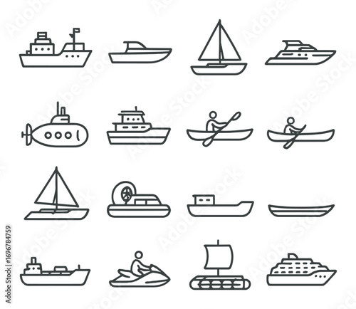 Minimalist icon set of various watercraft and boats on grey background