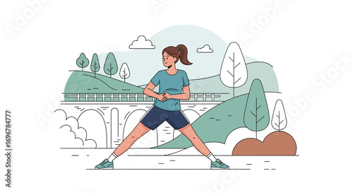 Lady Exercising Outdoors on Park With Greenery and Bridge Background