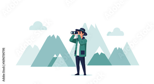 Observer Exploring Environment With Binoculars Among Mountains Over White Background