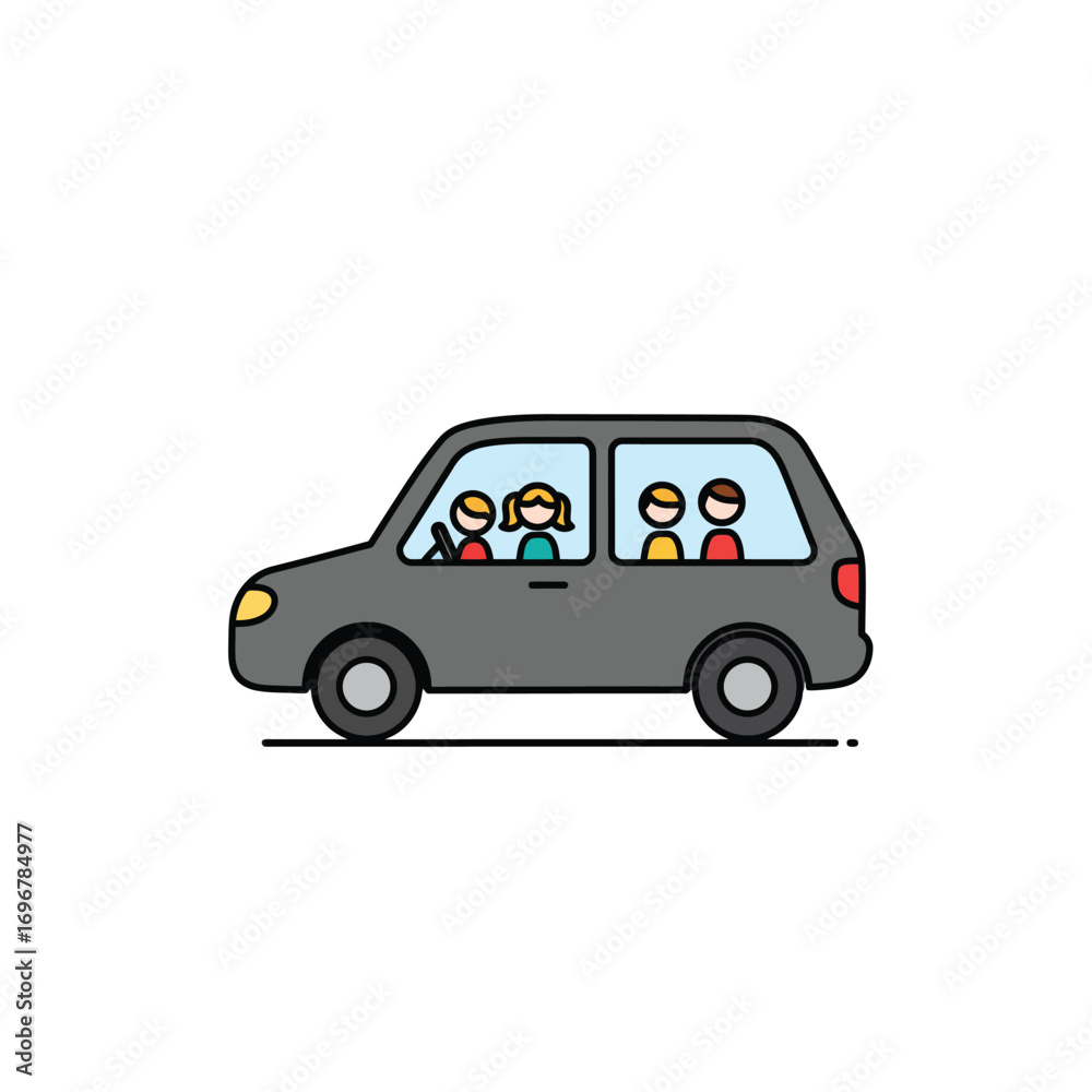 Fototapeta premium Silhouette of children inside and on top of car on a white background. EPS 10.