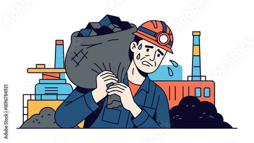 A coal miner's plight:  A stoic coal miner, silhouetted against the industrial backdrop of the mine, struggles to shoulder a heavy sack of coal, sweat beading on his brow.