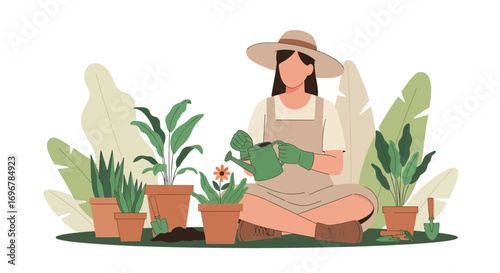 Lady Watering Plants In Her Garden Among Green Vegetation And Lush Foliage Scene