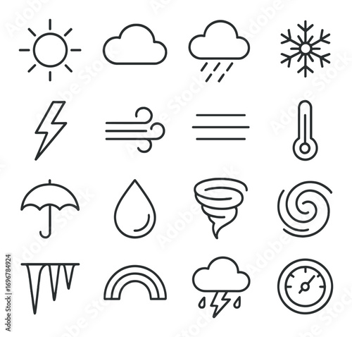 Weather icons set: sun, cloud, rain, snow, wind, thunder, temperature, umbrella