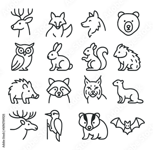 Silhouette icons of forest animals in minimalist style