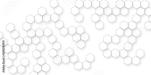 the geometric repetition and depth of the hexagonal grid, A pattern of white hexagon shapes arranged subtle shadows that create a three-dimensional, layered effect.