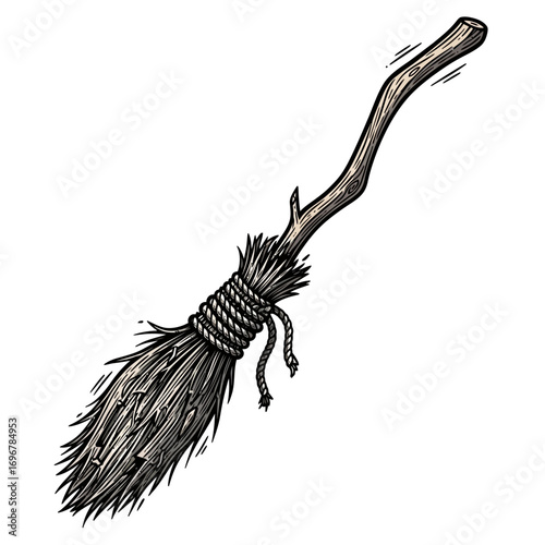 Antique hand-drawn witch broomstick with twisted handle and natural bristles vector